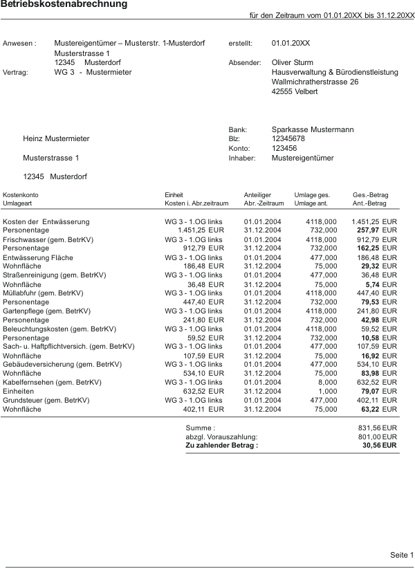 Muster einer Betriebskostenabrechnung