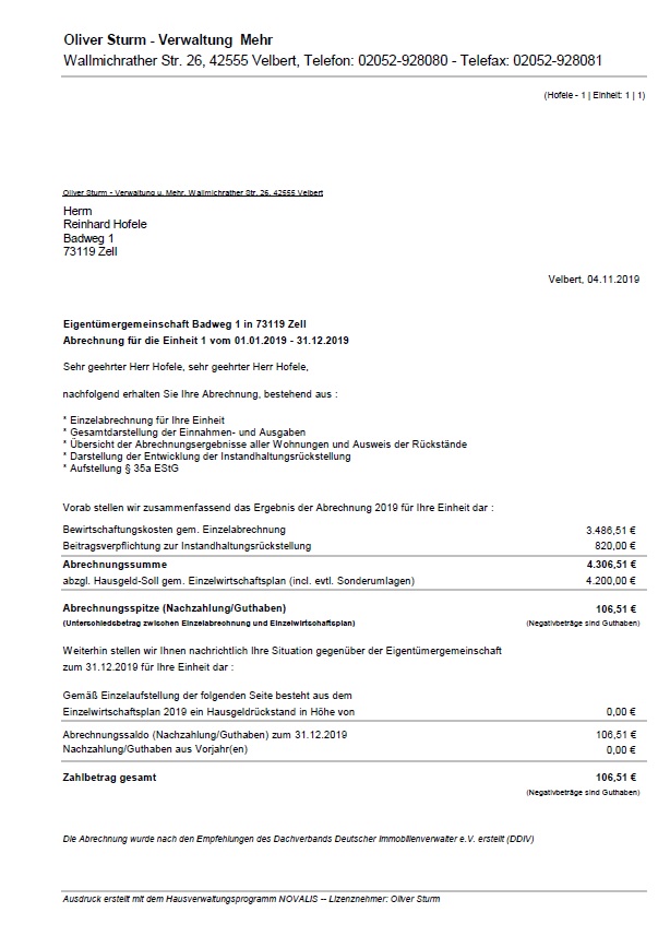 Muster Hausgeldabrechnung